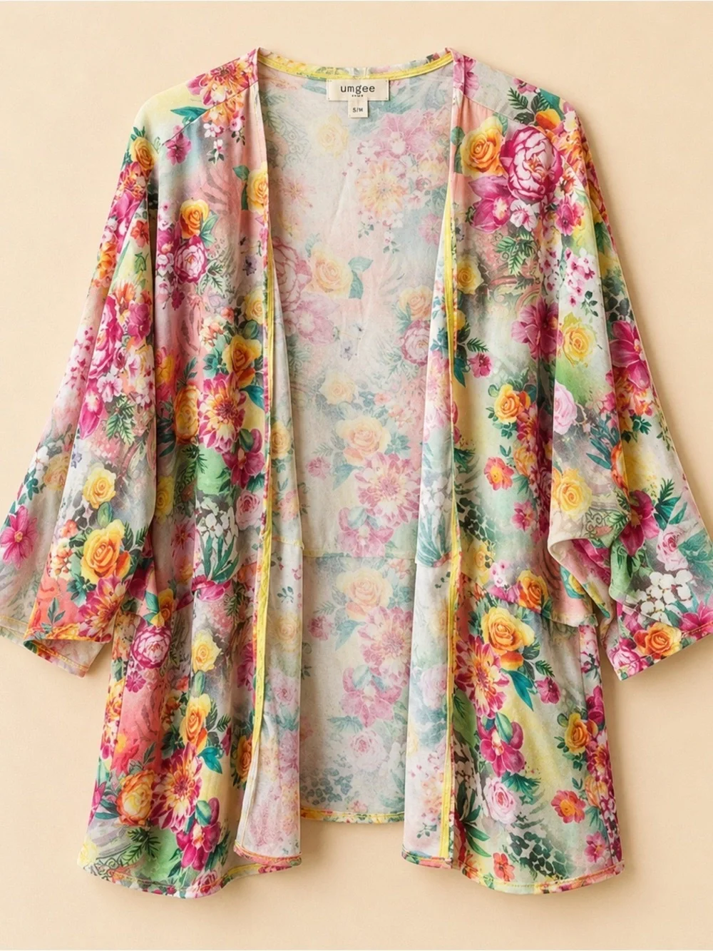 Pink Yellow Roses Flounce Kimono Jacket Robe | Romantic Boho EUC M/L OS? #1479